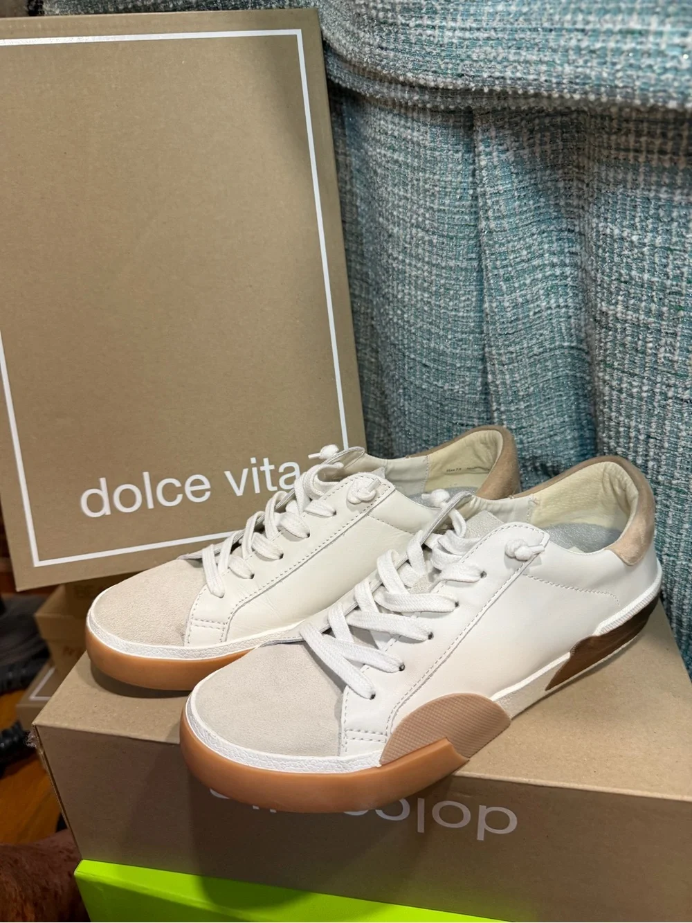 Dolce Vita White & Tan Low-Top Lace-Up Sneakers